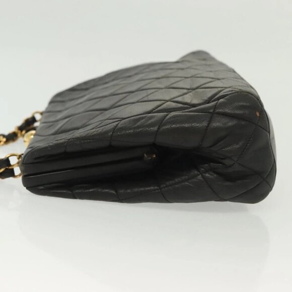 CHANEL Matelasse Chain Shoulder Bag Lamb Skin Black Gold CC Auth 139414